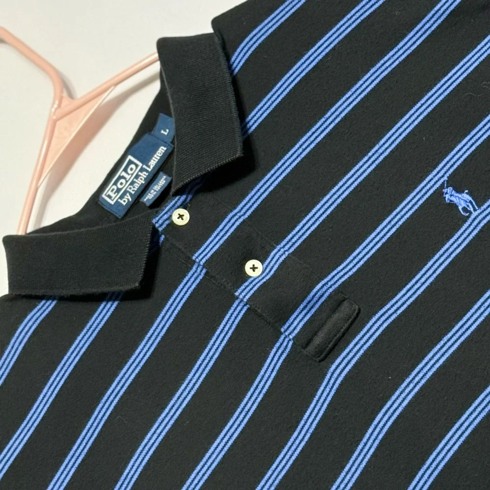 * SOLD * Polo by Ralph Lauren Men's Polo Size L Shirt Black & Blue Stripes - Picture 1 of 8